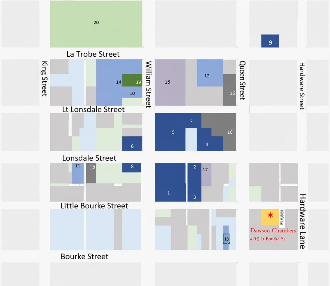 Melbourne CBD Legal Precinct — map showing Dawson Chambers at 405 Little Bourke Street